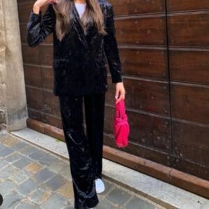 Zara Oversized Velvet Blazer Jacket in Tobacco Black X-Small 9342/928 Party NYE